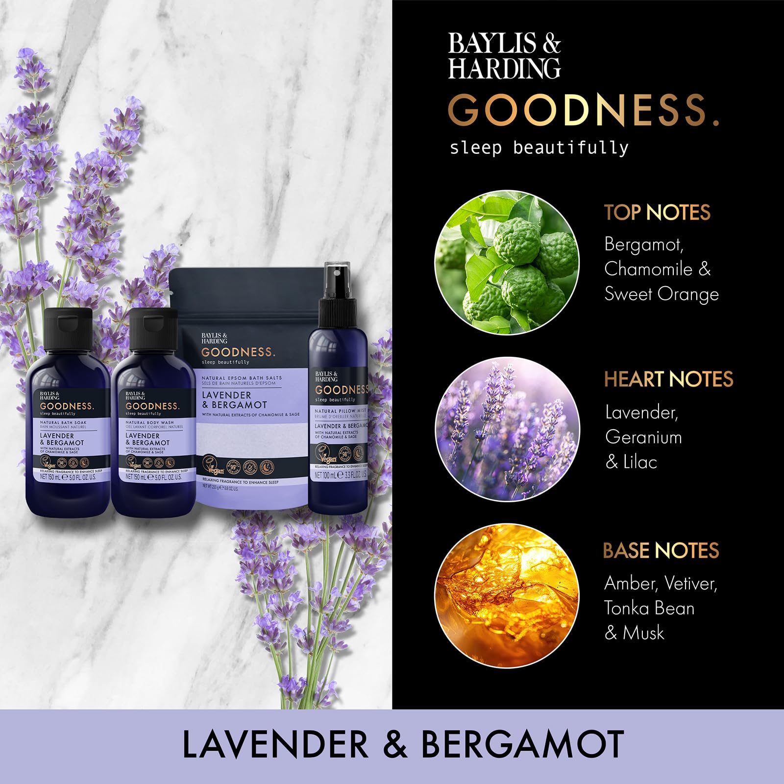 Baylis & Harding Goodness Sleep Lavender & Bergamot Gift Set with Bath Soak & Pillow Mist 4