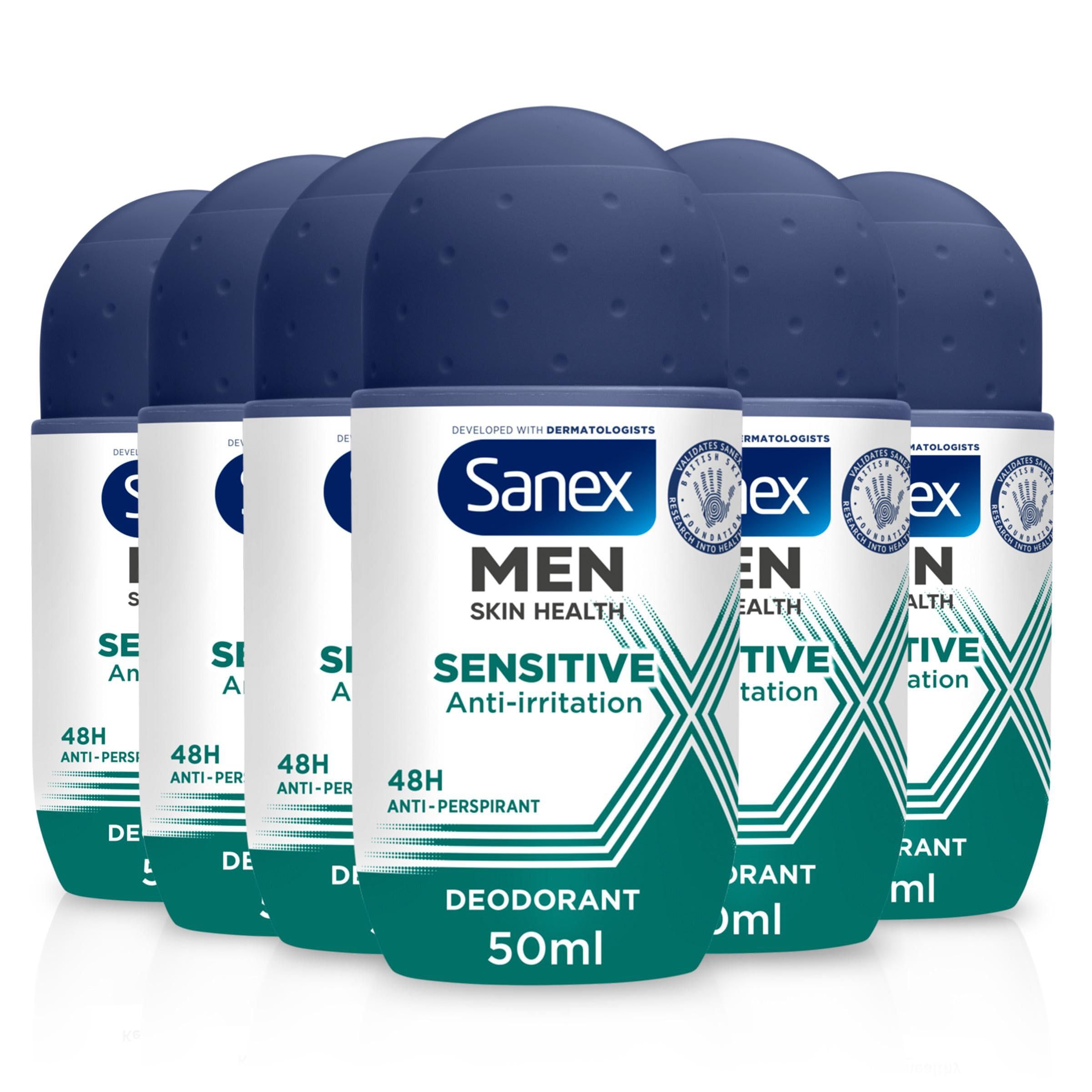 Sanex Men Sensitive Antiperspirant Roll-On Deodorant, 48 Hour Sweat Protection, 6x50ml Pack