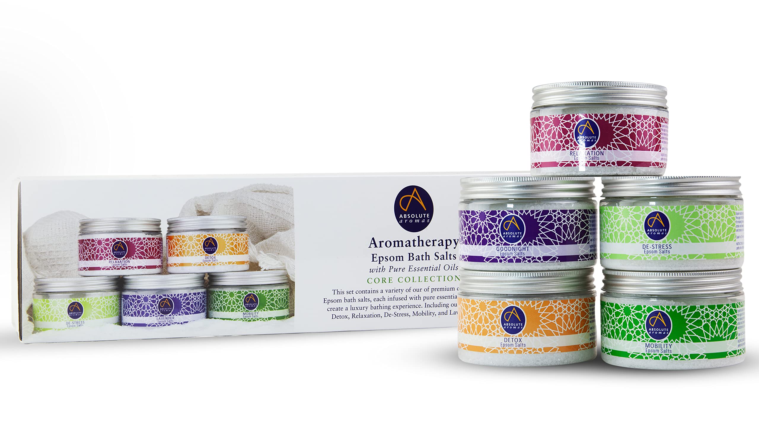 Absolute Aromas Epsom Bath Salts Bundle Gift Set - 5 x 300g De-Stress, Detox, Lavender