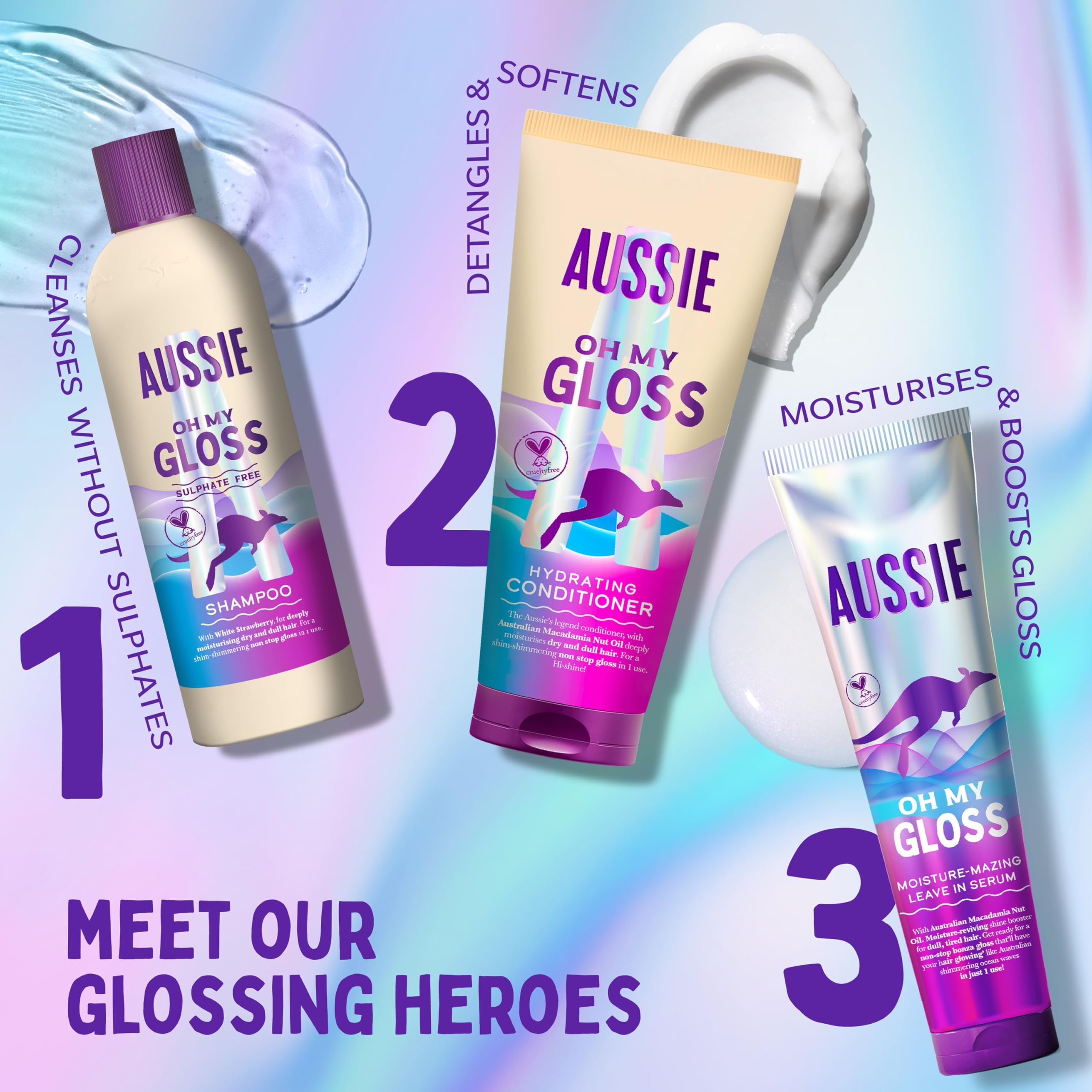 Aussie Oh My Gloss Feuchtigkeits-Geschenkset: Shampoo 300 ml, Spülung 200 ml, leichtes Leave-in-Serum 160 ml. Feuchtigkeits- und Glanzbooster für stumpfes, trockenes Haar. Mit Jojoba-, Distel- und Macadamianussöl.