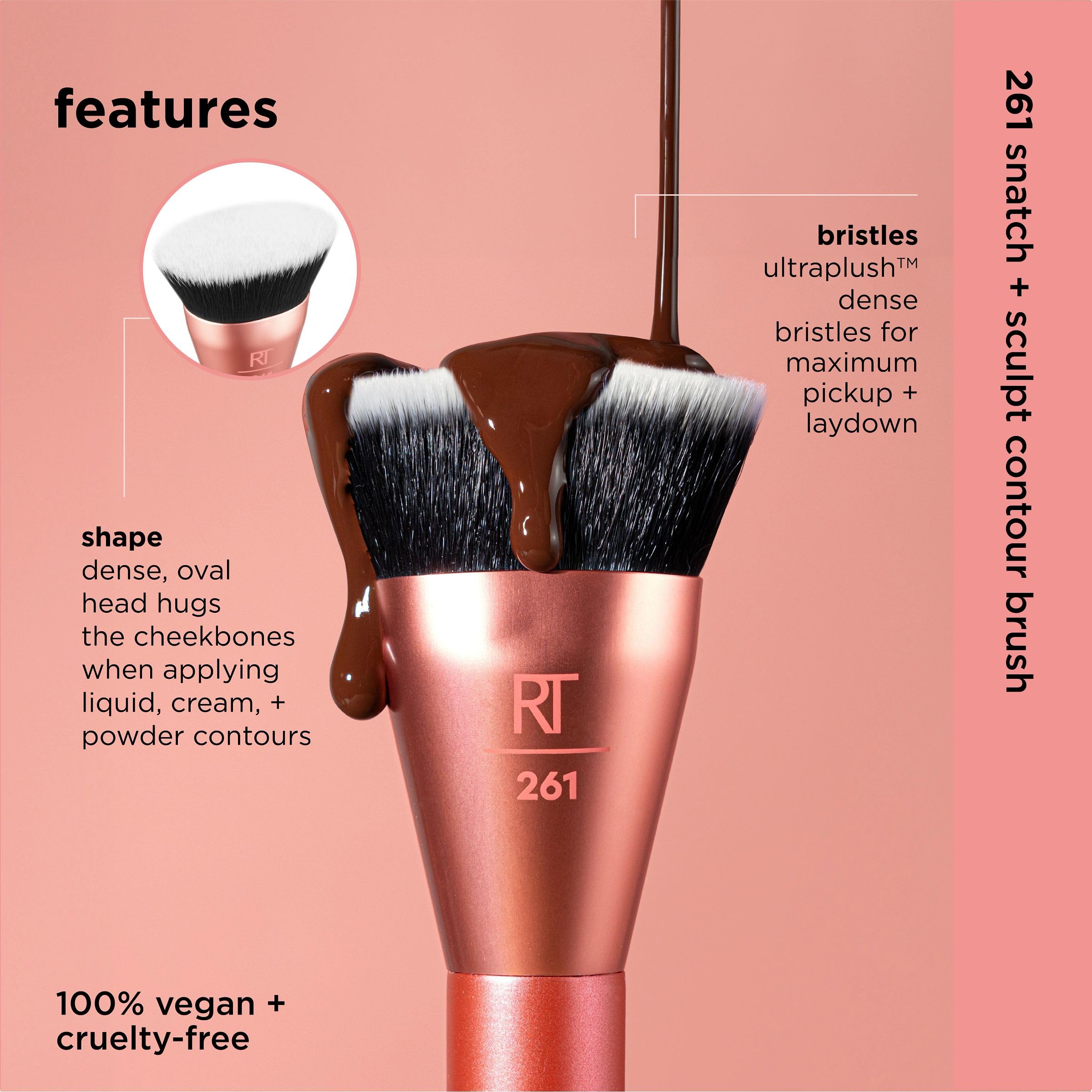 Real Techniques Snatch + Sculpt Konturpinsel, für flüssige und cremige Konturprodukte sowie Bronzer, flache Oberseite und ovaler Kopf zum Verblenden und Polieren, dicht, 1 Stück 4