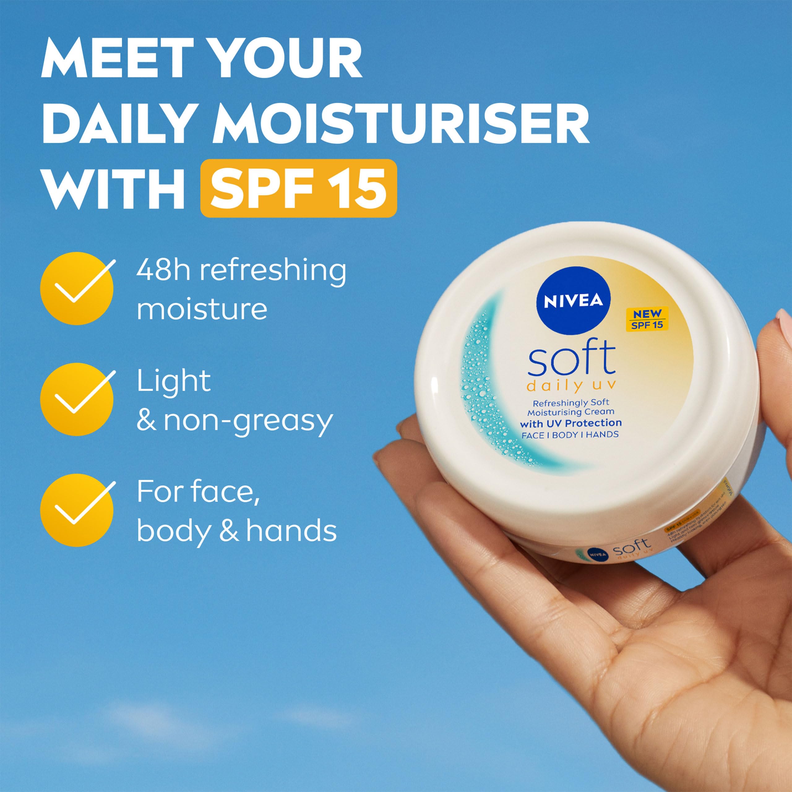 NIVEA Soft Daily UV SPF15 Moisturising Cream for Face, Body & Hands (100ml)