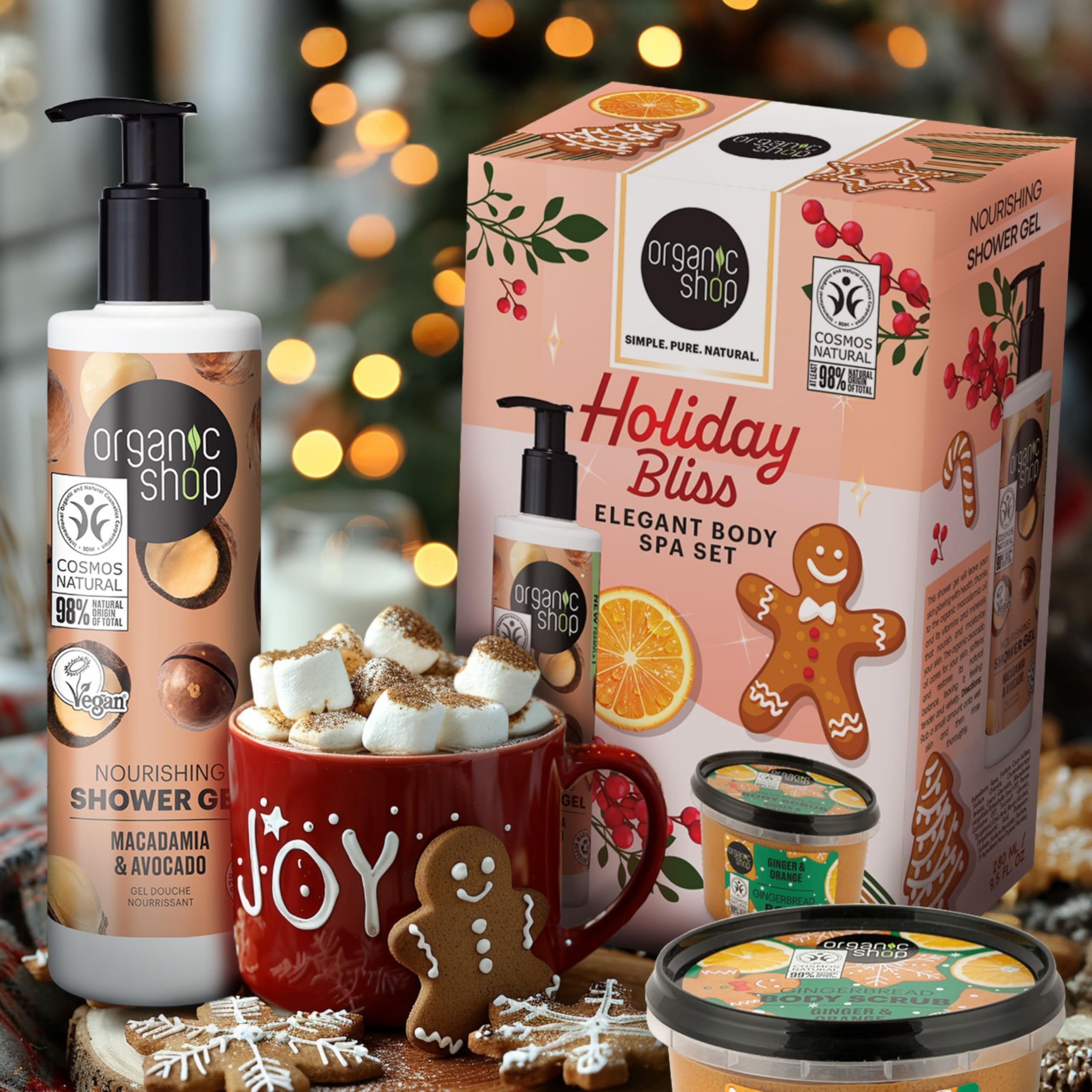 Organic Shop Holiday Bliss Unisex-Körperpflegeset mit Lebkuchenpeeling und Macadamia-Duschgel 5
