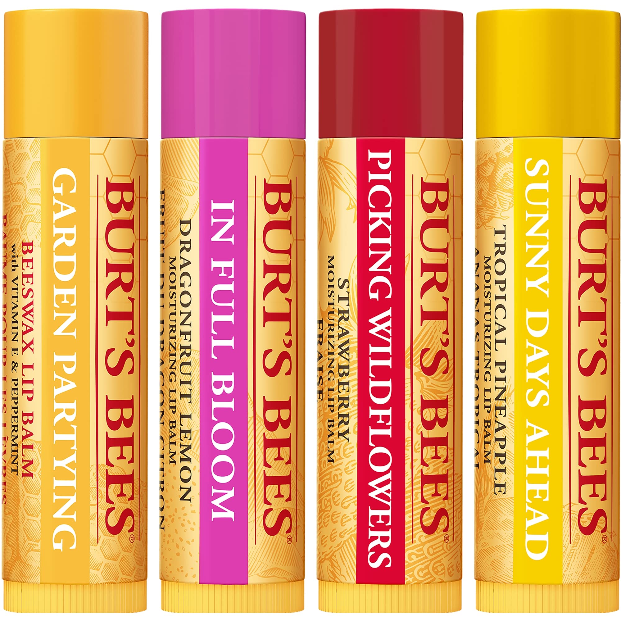 Burt's Bees Lippenbalsam-Geschenkset, Bienenwachs, Erdbeere, Tropische Ananas, Drachenfrucht-Zitrone, In Full Bloom, 4 x 4,25 g