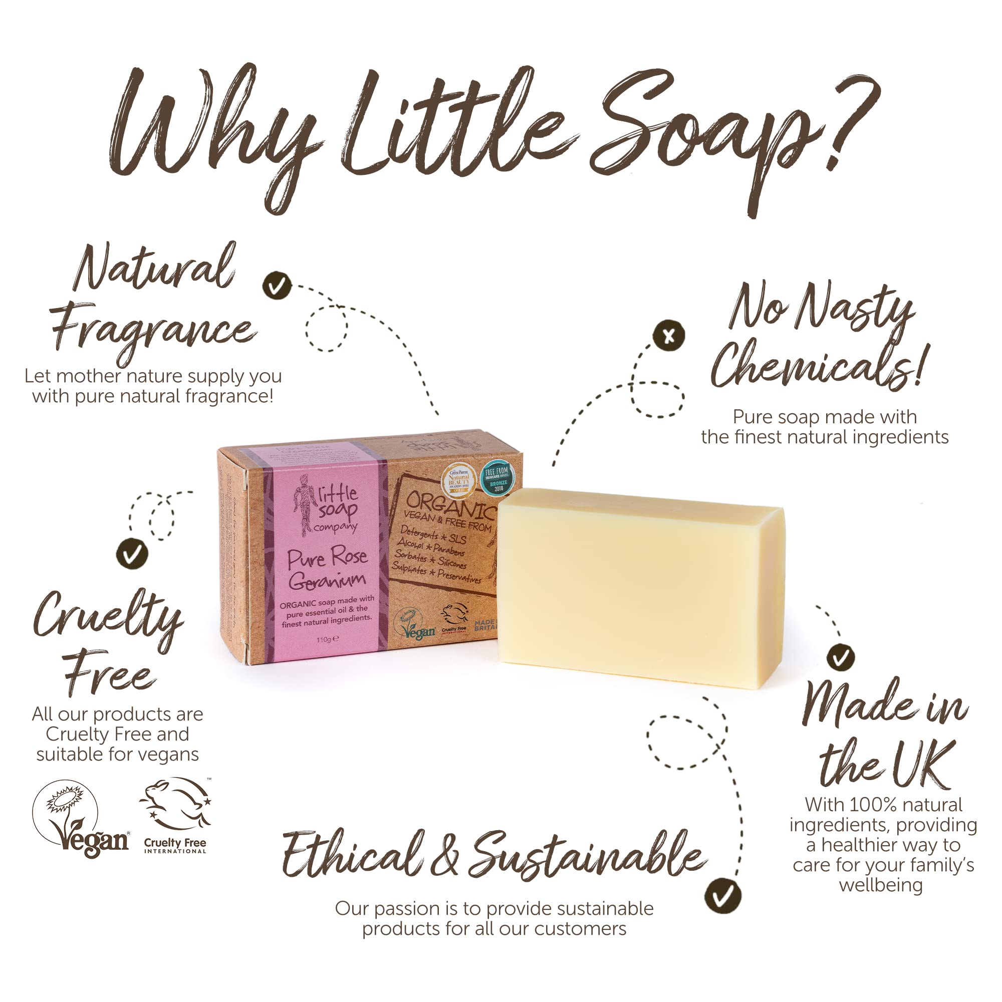 Little Soap Company Bio-Seifenstück – Vegan, tierversuchsfrei, ohne SLS oder Parabene, mit Rosengeranie, natürliche und biologische Körperseife und Handseife (110 g) 5