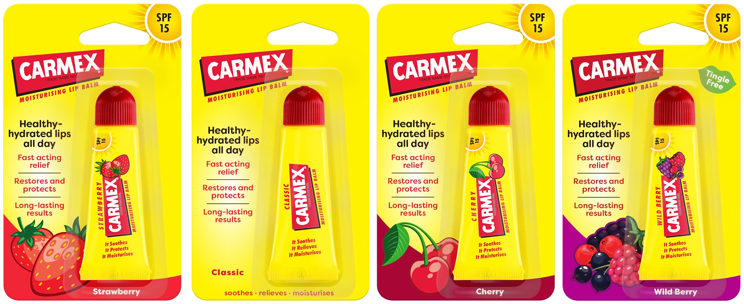 Carmex Lip Balm Tube Set: Classic, Cherry, Strawberry & Mint with SPF 15
