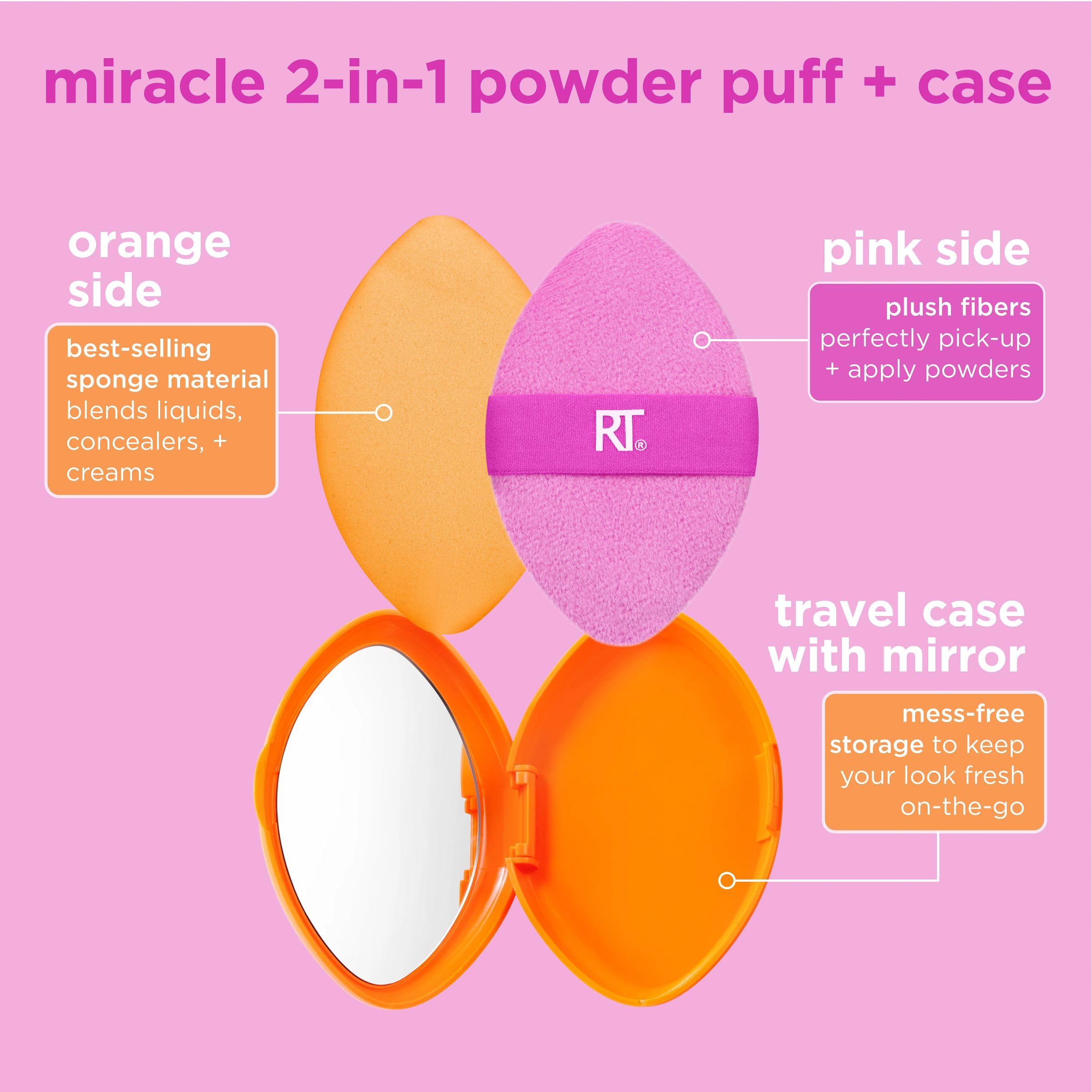 Real Techniques Miracle 2-in-1 Puderquaste + Reiseetui, doppelseitiger Make-up-Schwamm zum Verblenden, elastisches Band, Präzisions-Make-up-Schwamm und Puderquaste, für flüssige, cremige und pudrige Produkte, Reiseetui, 2 Stück 3