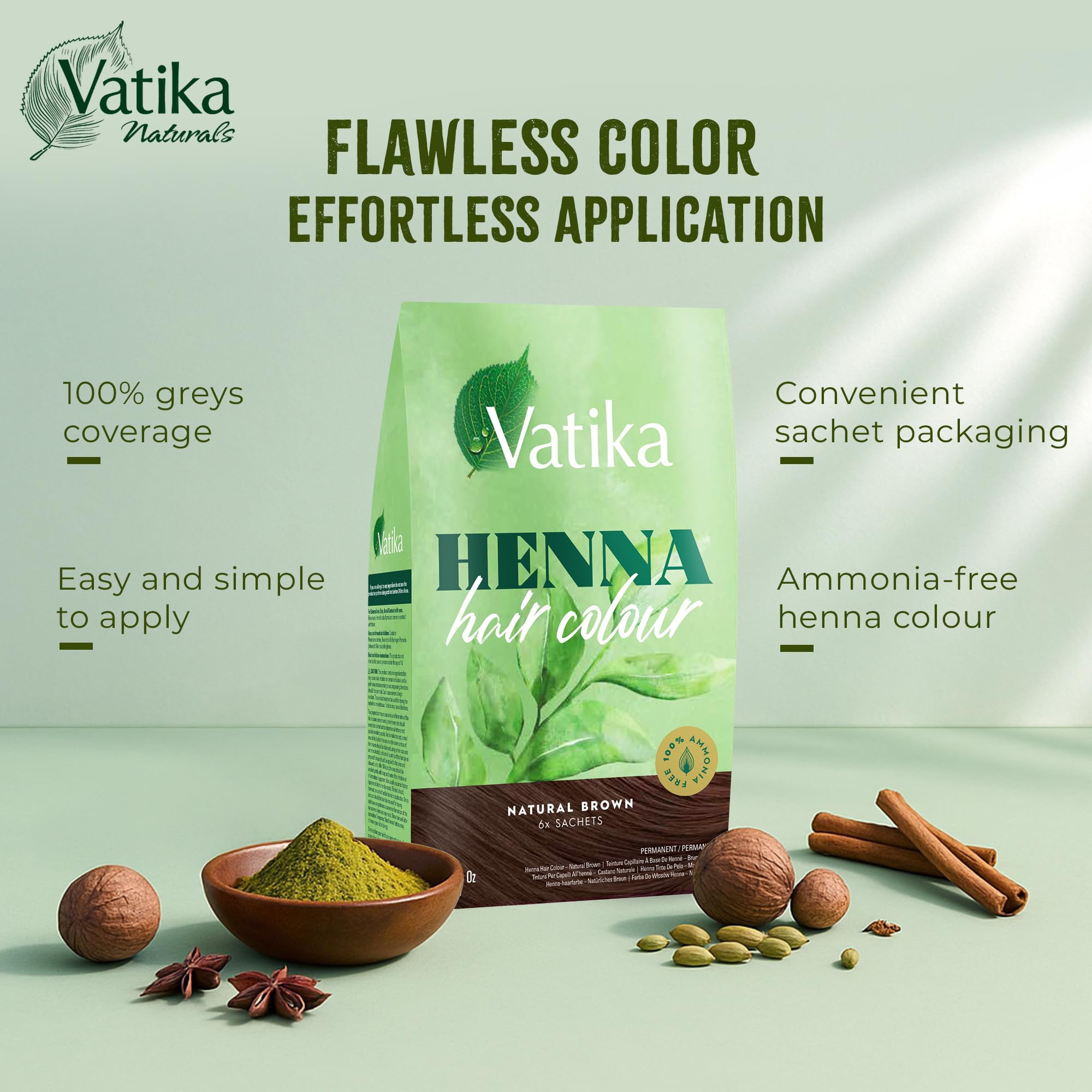 Vatika Henna Naturbraune Haarfarbe - 60 g (6 x 10 g Beutel), 100 % Ammoniak 3