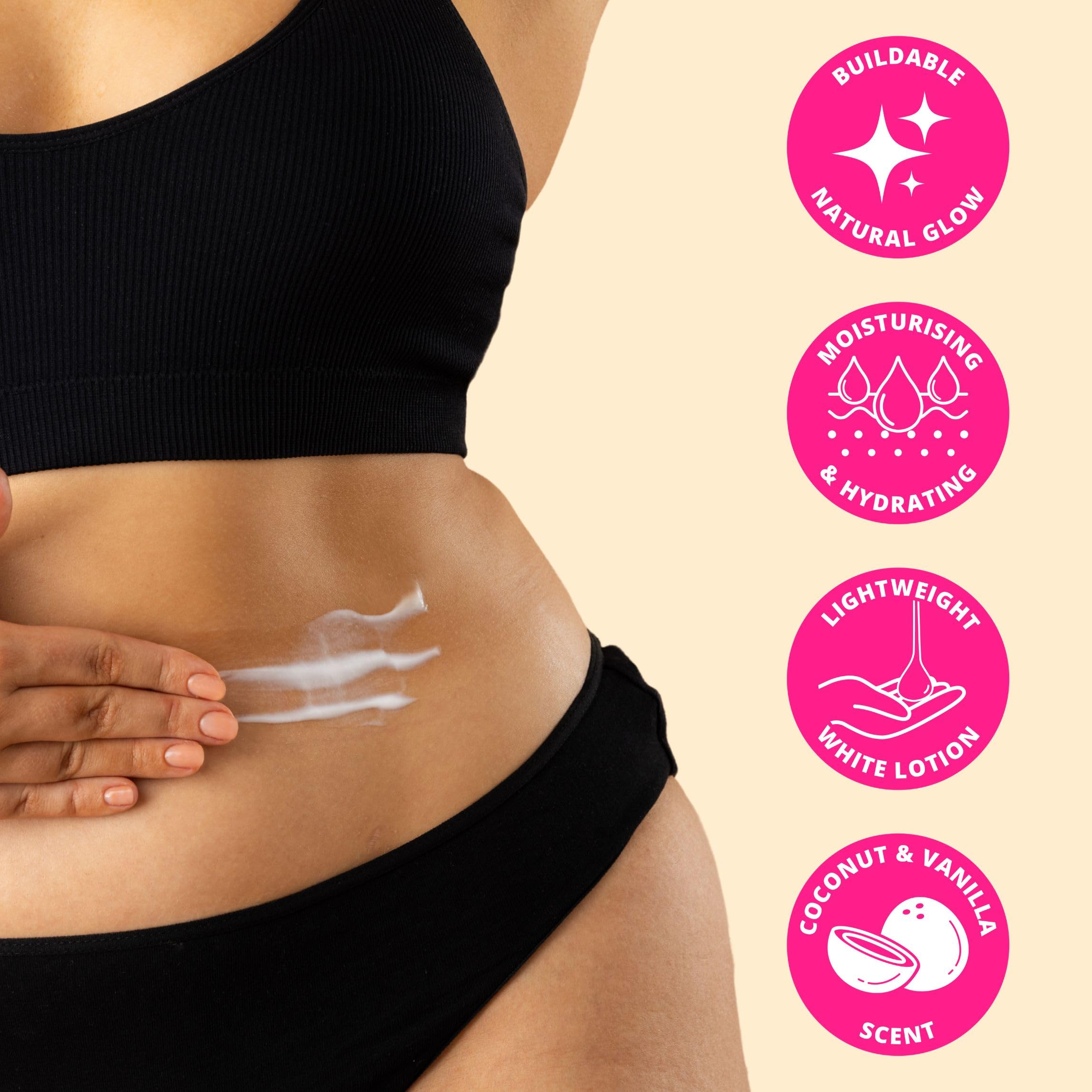 Skinny Tan Body Glow Feuchtigkeitsspendende Bräunungslotion – Selbstbräunungslotion, tierversuchsfrei, parabenfrei &amp; vegan, mit Kokos- und Vanilleduft, 280 ml 6