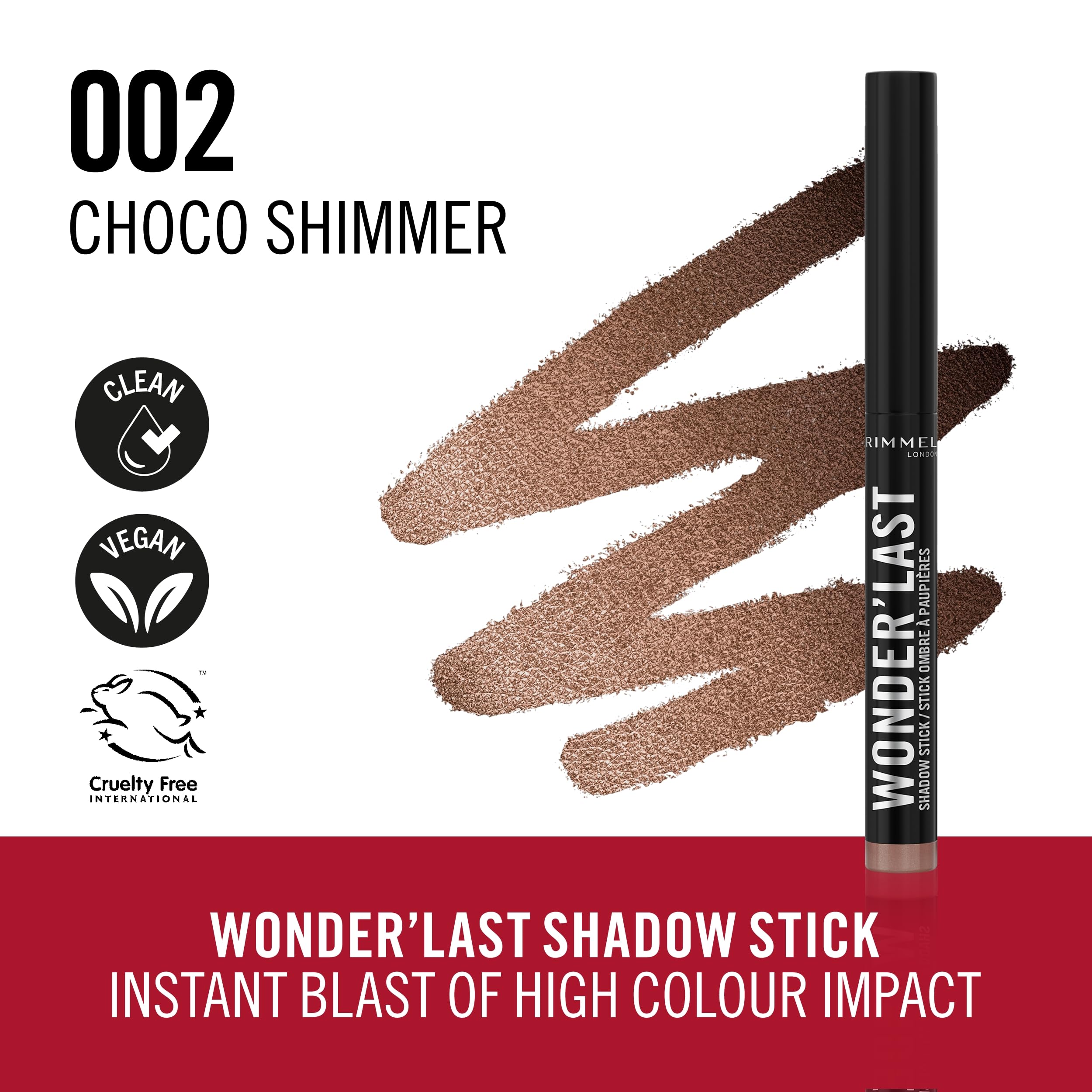 Rimmel Wonder'Last Shadow Stick, 002 Choco Shimmer, einfach aufzutragen, Lidschatten für ein perfektes Ergebnis mit nur einem Wisch, hält den ganzen Tag, ultra-cremige Formel, aufbaubar, wischfest, vegan