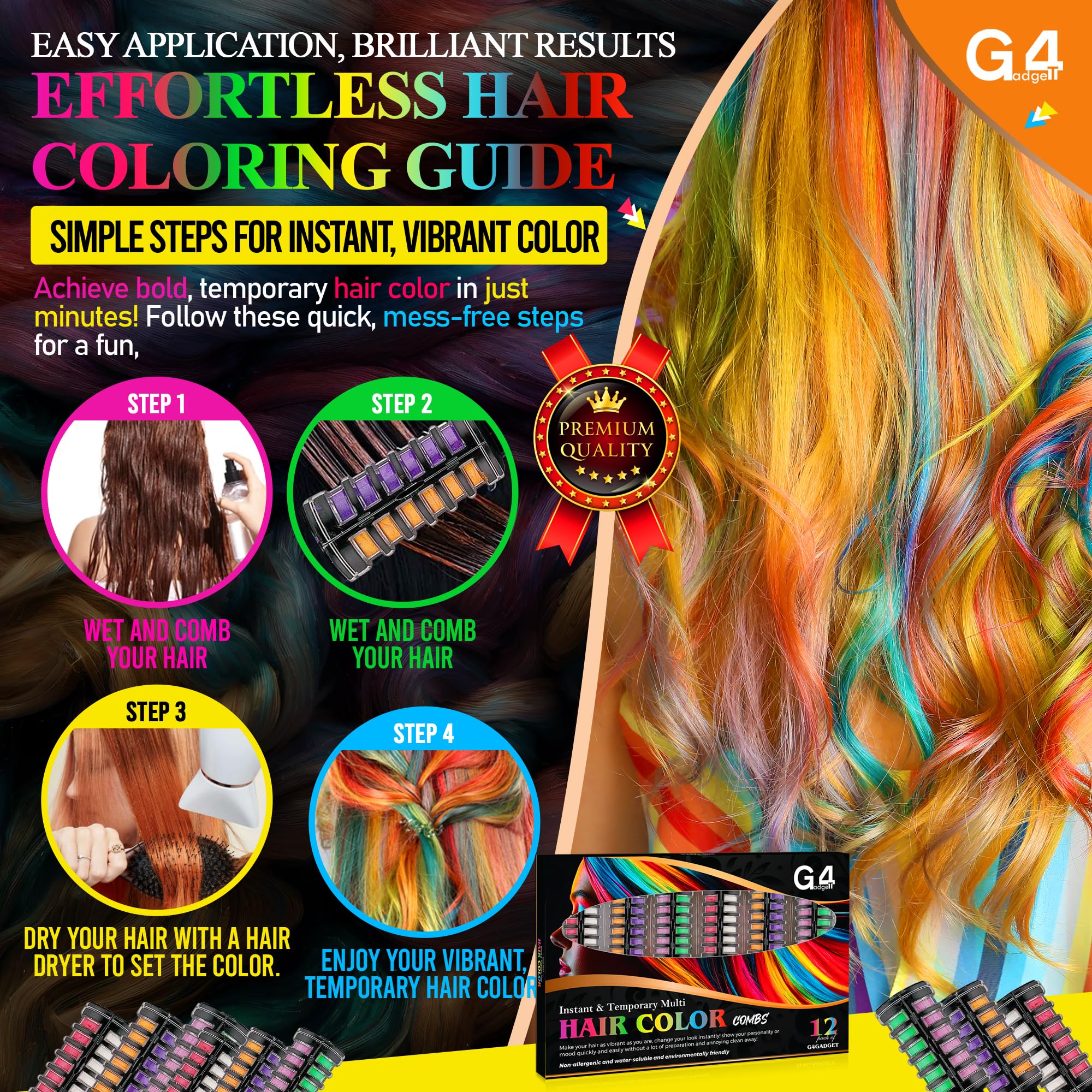 G4GADGET 2-in-1 Hair Chalk Comb Set - 12 Vibrant Temporary Hair Colours 6
