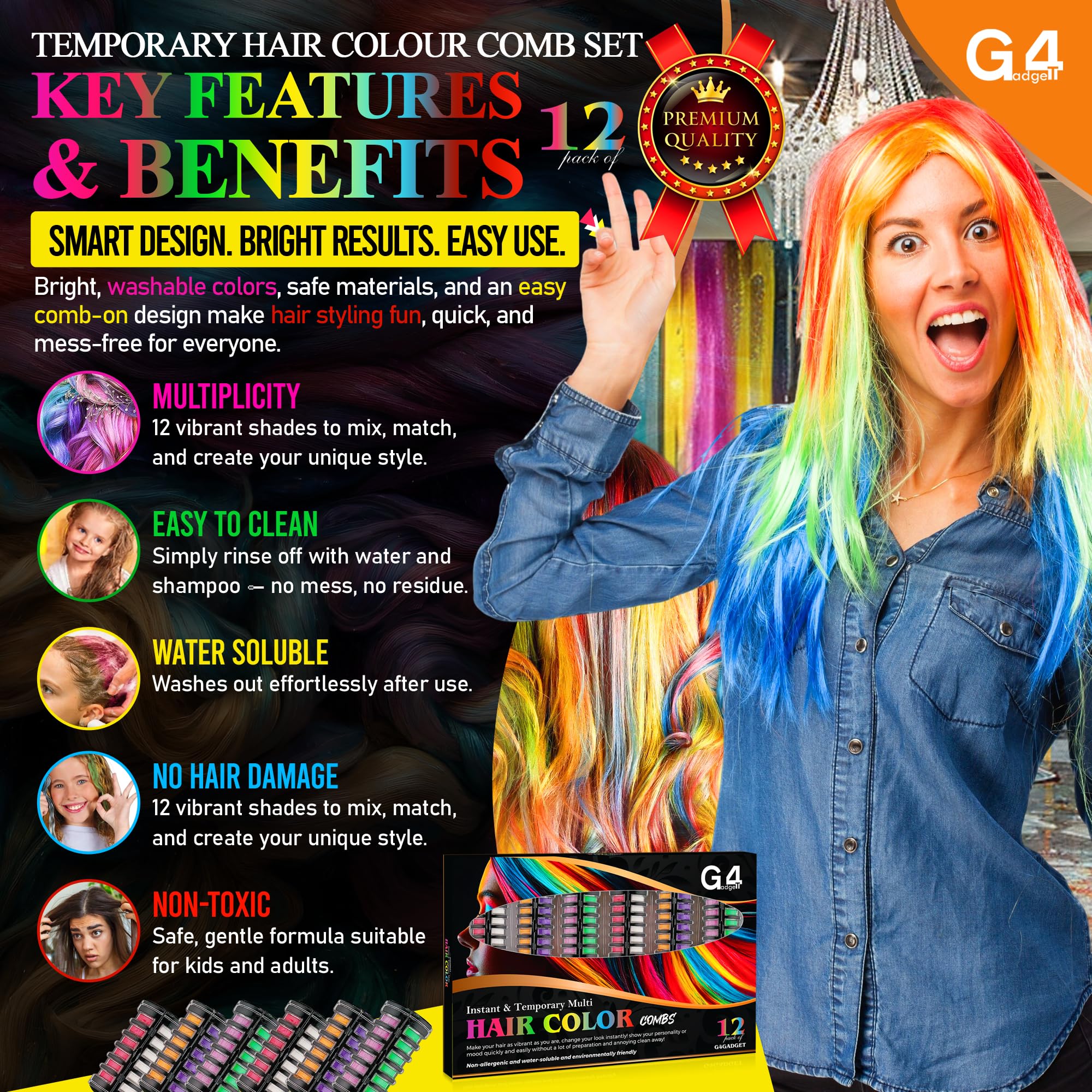 G4GADGET 2-in-1 Hair Chalk Comb Set - 12 Vibrant Temporary Hair Colours 5