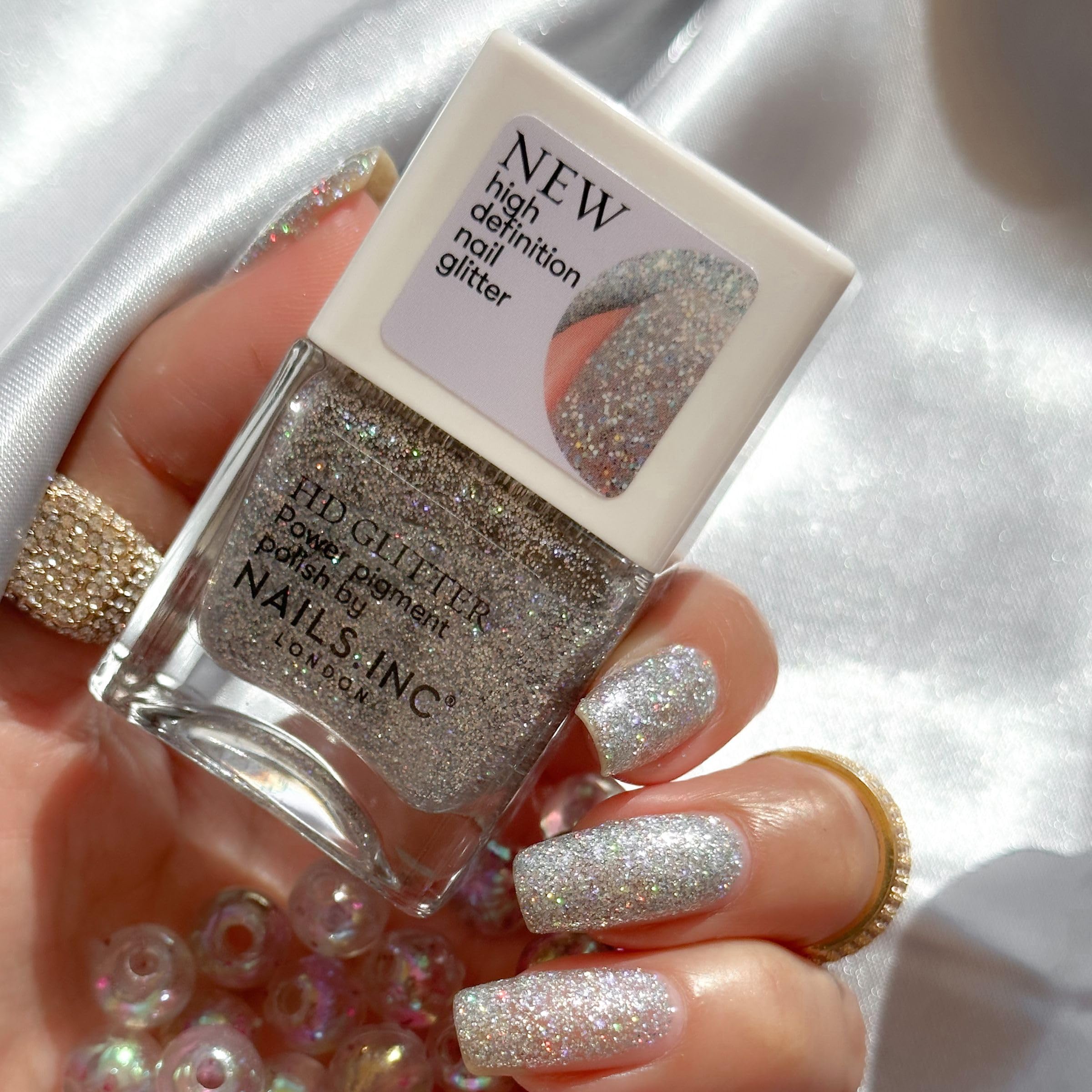Nails Inc HD Glitter Nail Polish in Ring Light Ready Silver Metallic Glossy 3