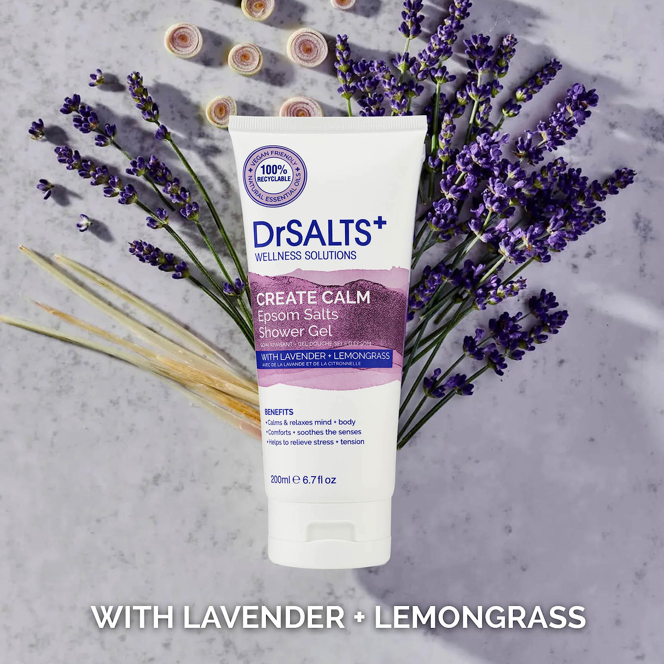 DrSALTS+ Create Calm Duschgel mit Lavendel, Kamille und Bittersalz für Entspannung 4