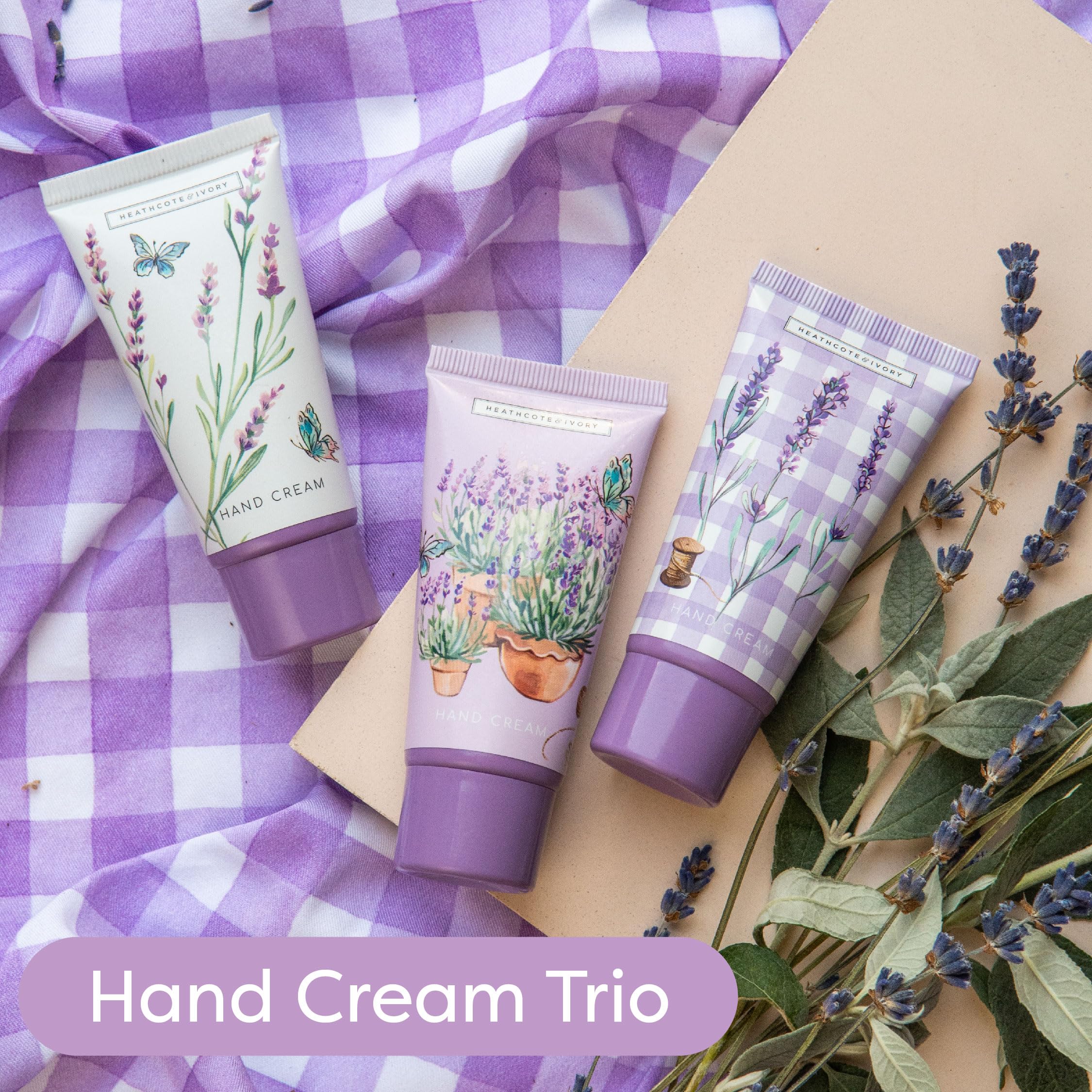 Heathcote &amp; Ivory Handcreme-Trio (3 x 30 ml), Lavendelduft, Sheabutter, Arganöl, Feuchtigkeitscreme für weiche Haut, ideales Geschenk für Sie, praktische Reisegröße, vegan und tierversuchsfrei
