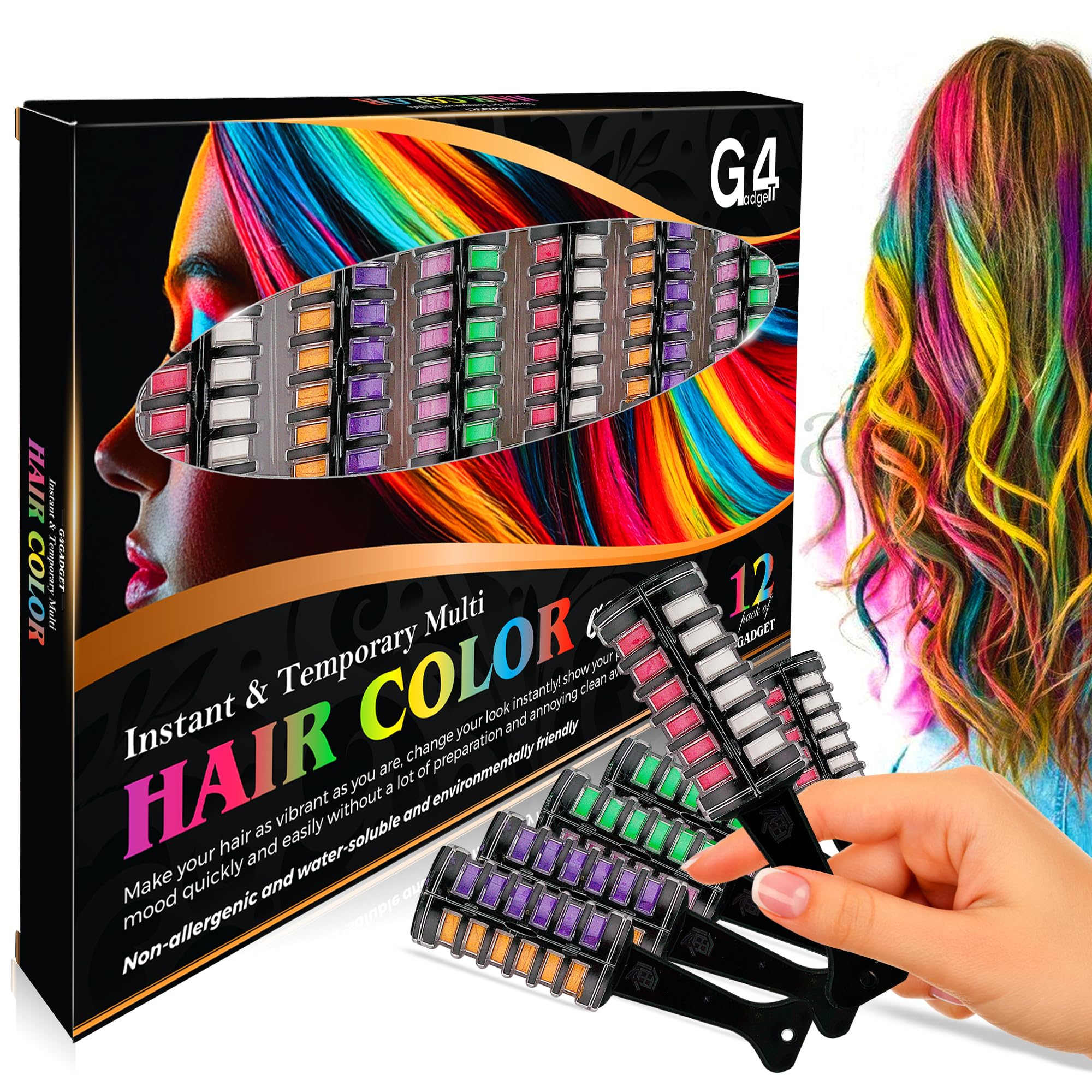 G4GADGET 2-in-1 Hair Chalk Comb Set - 12 Vibrant Temporary Hair Colours