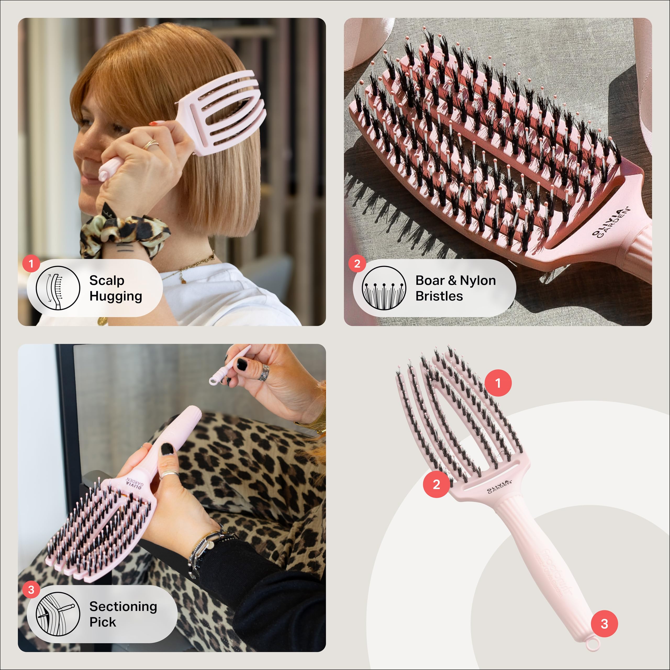 Olivia Garden Fingerbrush Care Iconic – Mittel – Pastellrosa – Entwirrende Haarbürste mit Wildschwein- und Nylonborsten für ultimativen Glanz und geschmeidiges Styling 4