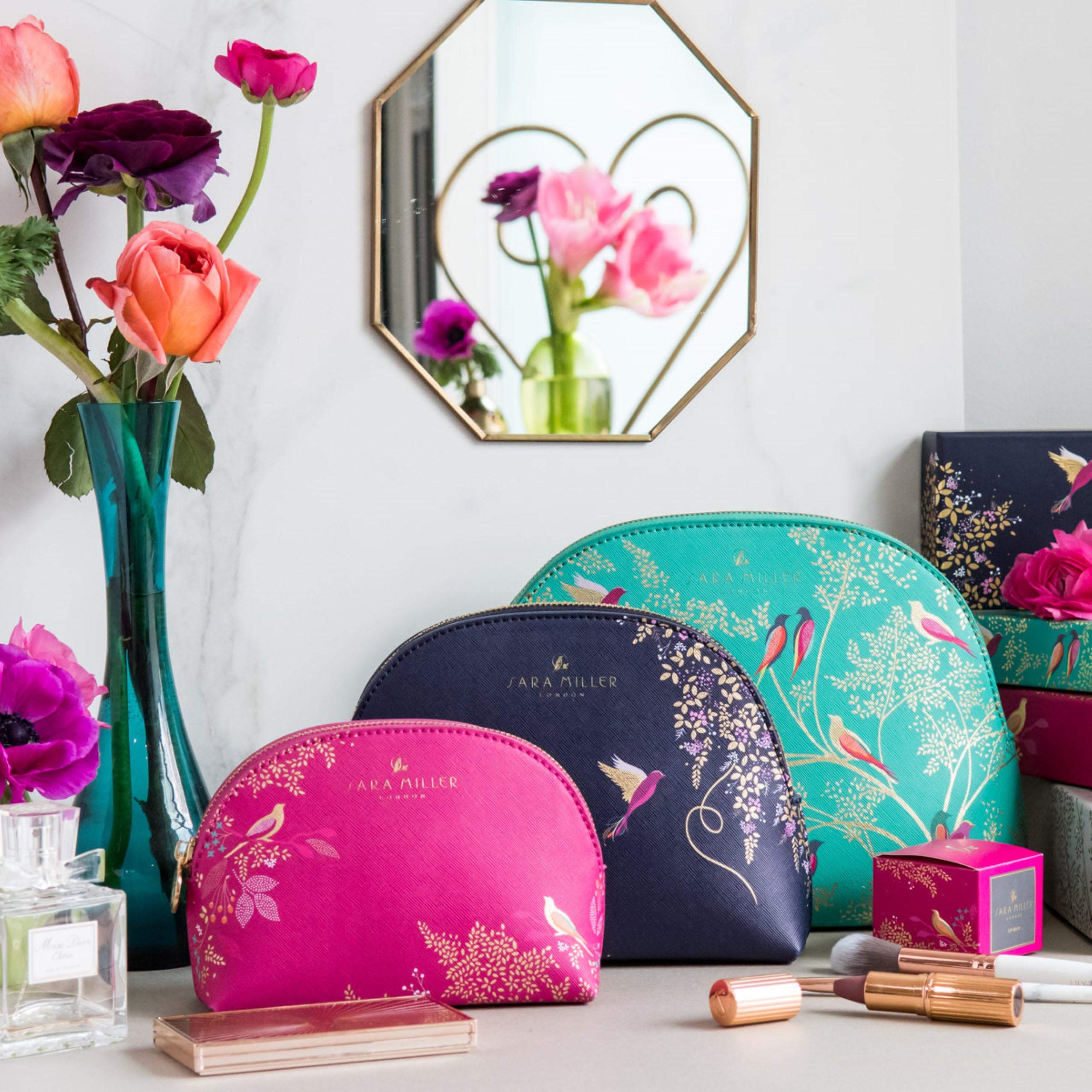 Sara Miller London Chelsea Small Cosmetic Bag - Pink with Golden Leaves & Exotic Birds 5