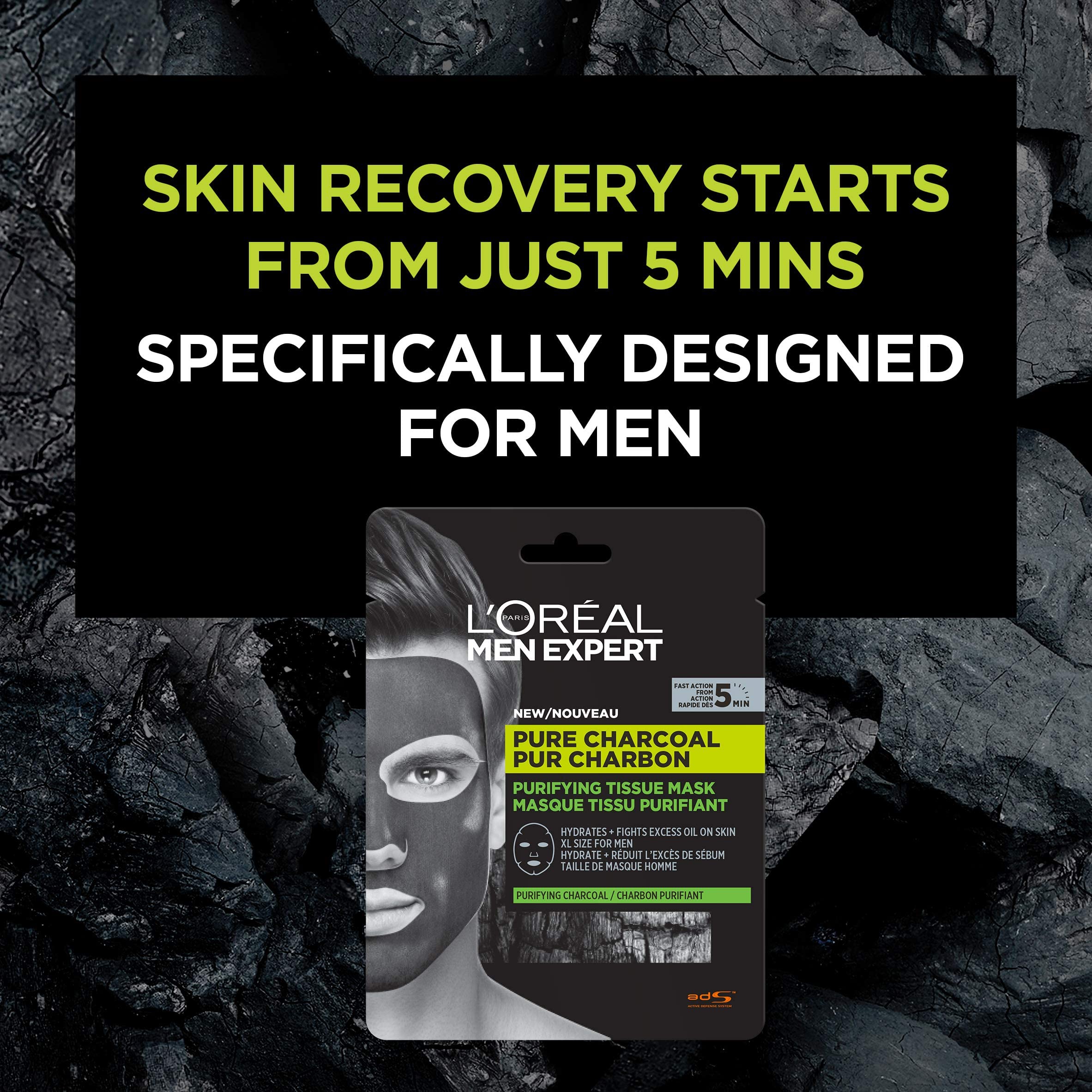 L'Oréal Paris Men Expert Pure Charcoal XL Sheet Mask for Oily Skin, 30g