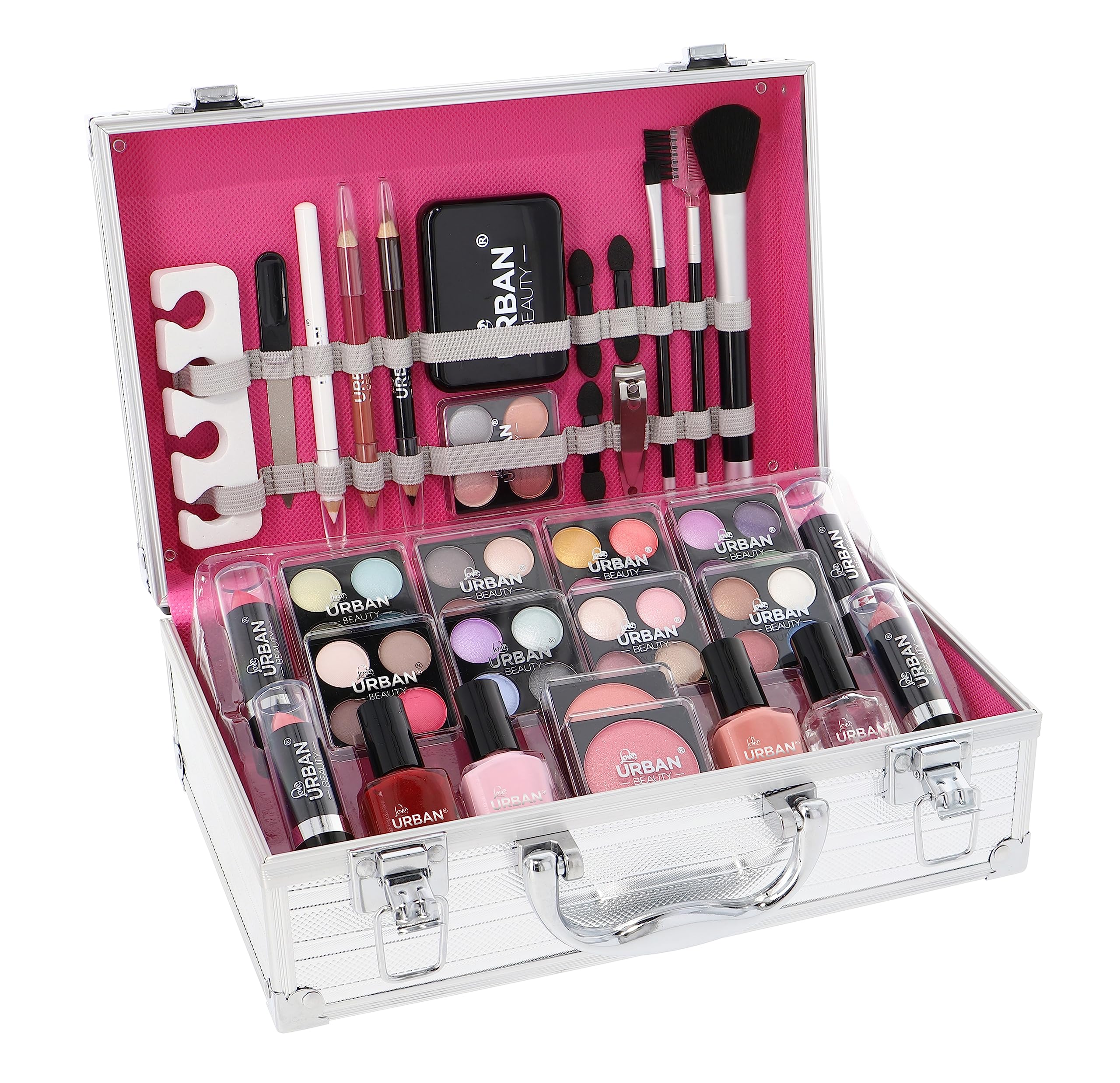 LOVE URBAN BEAUTY Essentials 64-Piece Vegan Makeup Set with Silver Travel Case