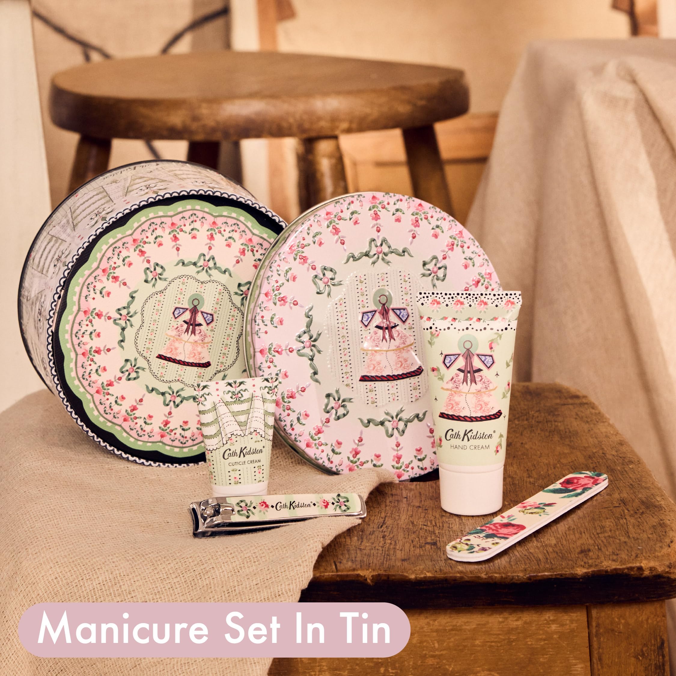Cath Kidston Manicure Set: Hand Cream, Cuticle Cream, Nail Tools in Embossed Tin