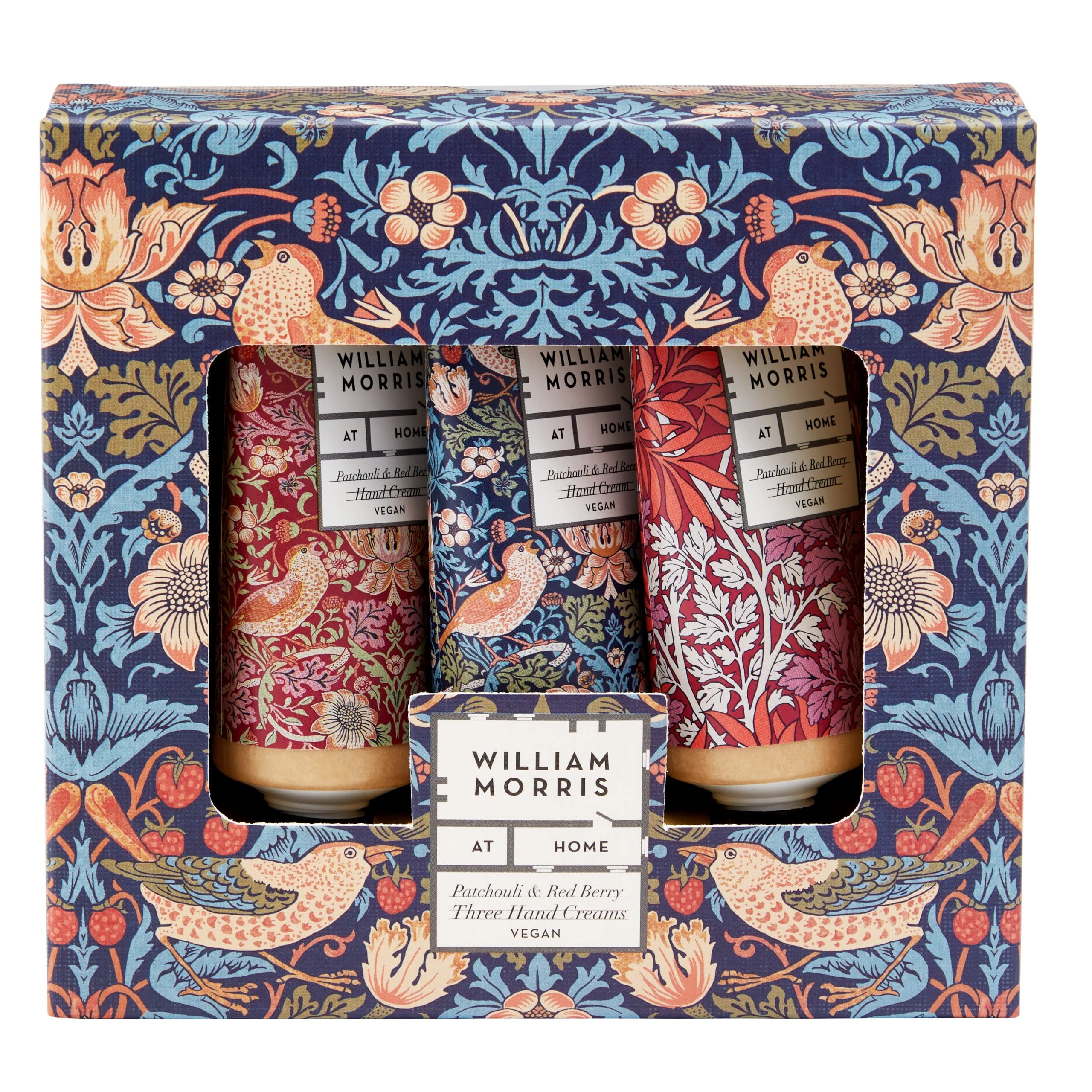 William Morris At Home Handcreme 3 x 30 ml, Feuchtigkeitscreme mit Sheabutter und ätherischen Ölen, Patchouli und roten Beeren, Reisegröße, vegan und tierversuchsfrei, ideales Geschenk für Sie